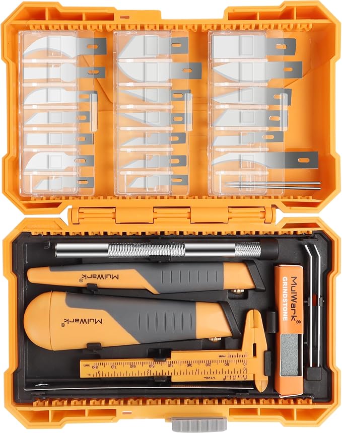 MulWark 41-Piece Precision Hobby Knife Set - Exacto Knife Set For Modeling - Craft Knife Handle Customized With Chiseling, Stencil Edge And Fine Point Blades With Sharpening Stone And Steel Ruler