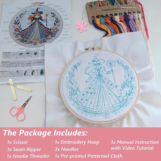 Embroidery Kit for Adults, Pre-Stamped Pattern Embroidery Kit for Beginners, DIY Hand Needlepoint Starter Kit with Hoop Thread Needle Instruction, 6.3'' Hoop (Witch 1 Pack)