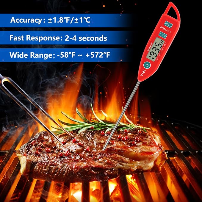 BOMATA 2 Pack Waterproof IPX7 Meat Thermometer, Food Thermometer | Instant Read, Long Probe, for Water, Liquid, Kitchen Cooking, Grill,BBQ ! T101 X 2 Pcs (Black & Red)…