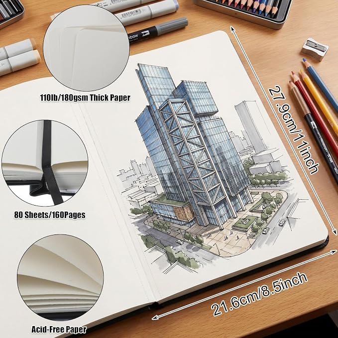 Hardcover Sketch Book 8.5 × 11 in, 180gsm, 80 Sheets, Black | Acid-Free Thick Paper, Marker And Pencil Friendly, Perforated Pages, Elastic Band, Back Pocket