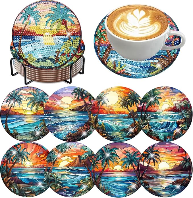 8 Pcs Diamond Art Coasters Kits, Beach Diamond Painting Coasters Kits