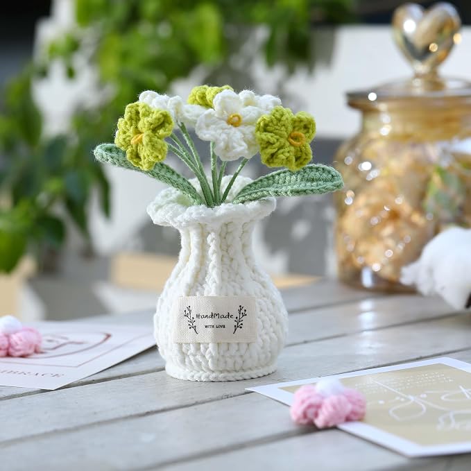 Forget-Me-Not Crochet Flower Potted Plant – Handmade Desk Decor, 7 Bloom Crochet Flowers in Fresh Green Shades