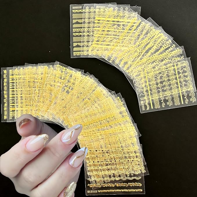 30 Sheets Gold Line Nail Art Stickers Gold Lace Nail Stickers 3D Self-Adhesive Gold Nail Decals Acrylic Nails DIY Design Nail Supplies for Women