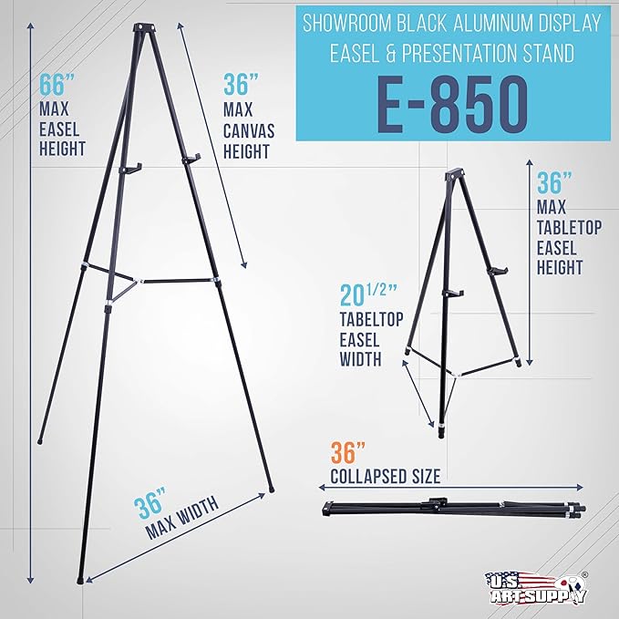 U.S. Art Supply 66" High Black Metal Display Art Easel - Large | Adjustable Height Portable Easel Stand, Sign Display, Holds 25 lbs - Floor & Tabletop Easels, Sign Stand