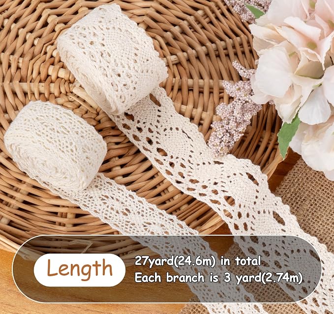 27 Yards Beige Lace Ribbon, Cotton Lace Trim, 9 Styles 3 Yards Each