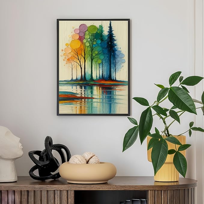 DOTSTART Paint by Numbers Kit for Adults,Rainbow Trees Paint by Number Kits | Paint on Canvas,Lake Painting by Numbers Easy Oil Painting,for Home Wall Decor 11.8X15.7 inches