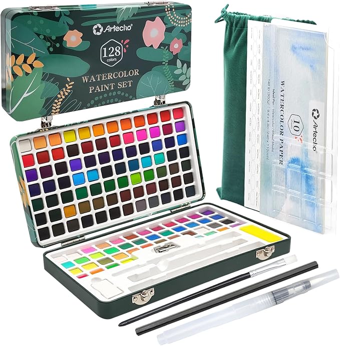 Artecho 128-Color Watercolor Paint Set with Metallics, Portable Tin Case | 128 Colors: 84 Classic, 36 Metallic, 4 Fluorescent & 4 Pastel; Water Brush, Nylon Brush, 10 Watercolor Sheets and Velvet Bag