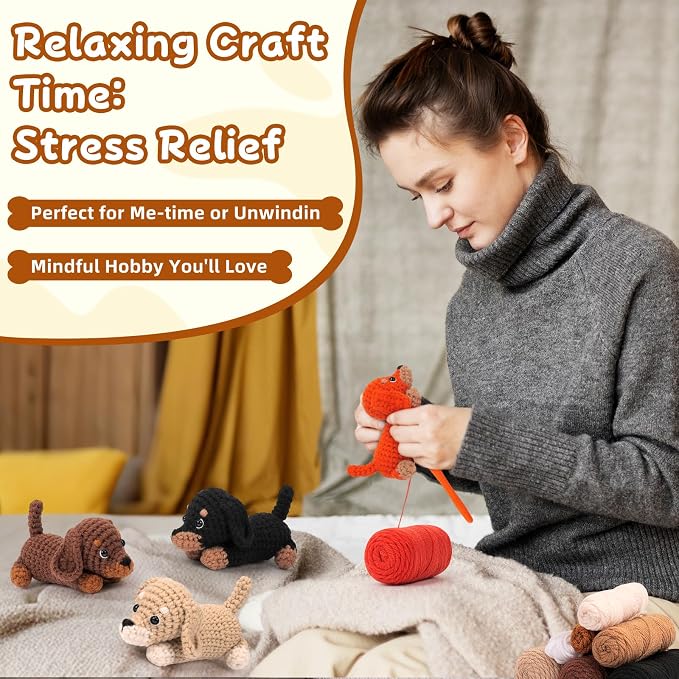 Crochet Kit for Beginners Adults, 4 PCS Dachshund Puppy Crochet Kits