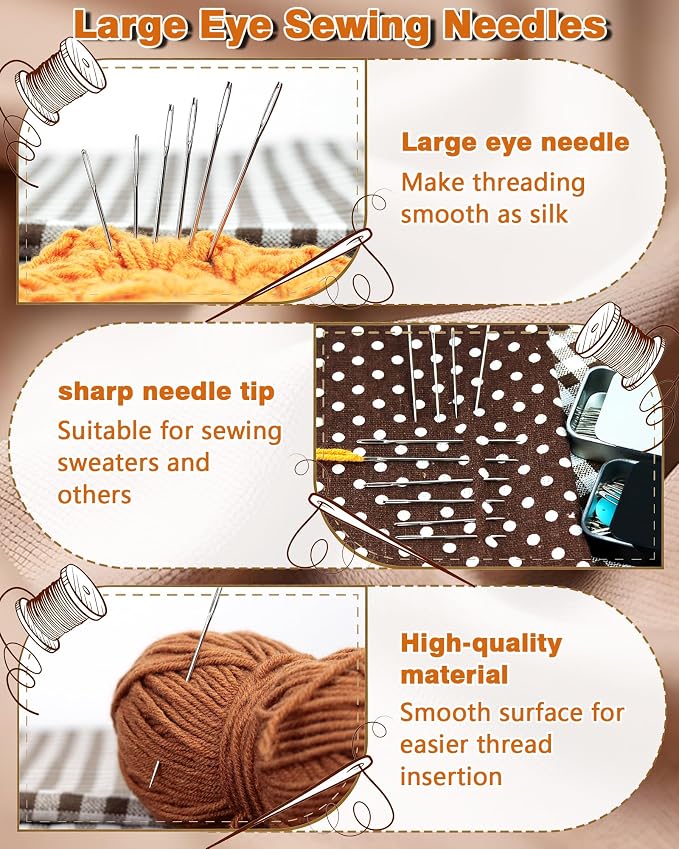FIVEIZERO 80 PCS Large Eye Sewing Needles, Two 7 Sizes Sewing Sharp Needles, Leather Needle Embroidery Thread Needle, Stainless Steel Yarn Knitting Needles with Threaders for Handsewing Art Crafts