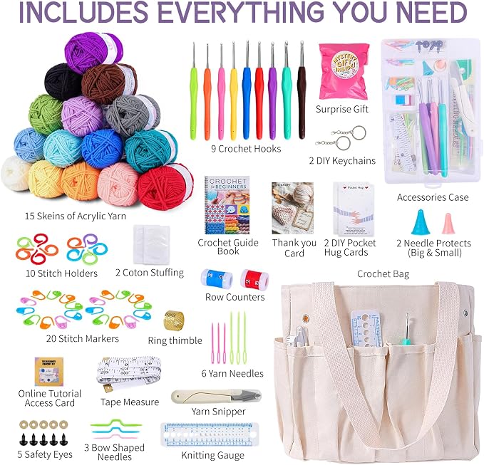JC CRAFT Beginner Crochet Kit – 81 Piece Starter Set with 15 Colorful Yarns, Ergonomic Hooks, Complete Supplies, White Tote Bag, Accessories Case, Guide Book & Online Video Lessons