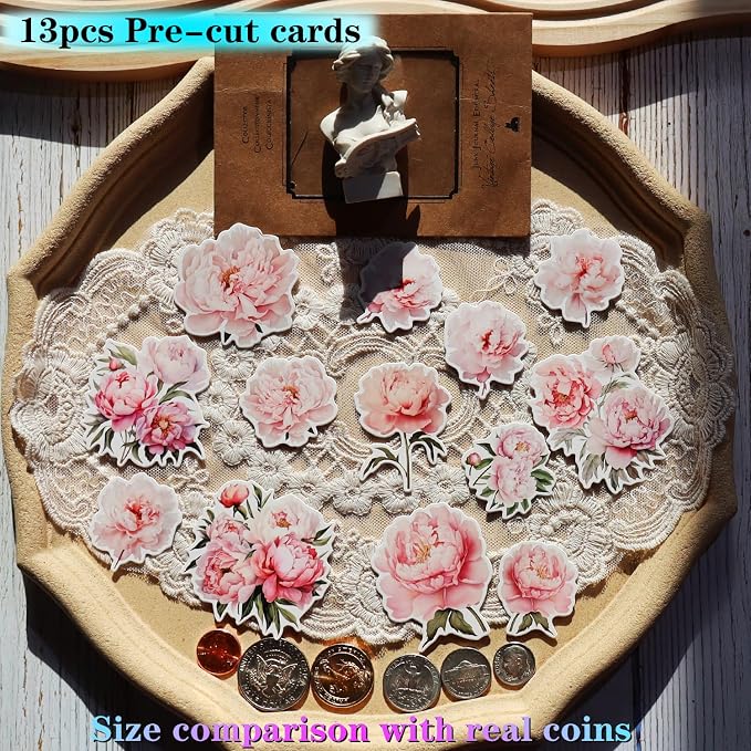 CATaireen Vintage Junk Journal Items Kit Pre Cut Paper Cards Cutout Cardstock Art Aesthetic Decor Hollow Out Craft Elements Small Embellishments Supplies for Adults Scrapbook Pack (Floral Pink)
