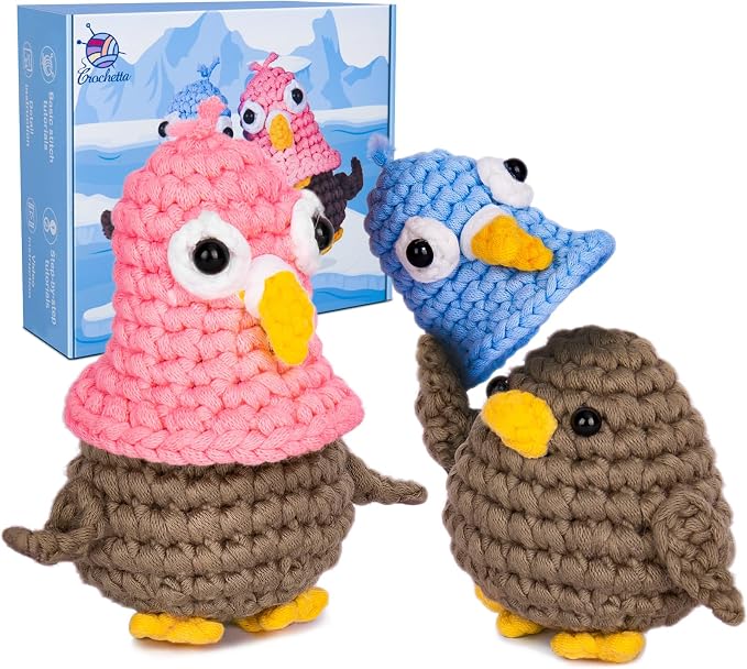 Crochetta Crochet Kit for Beginners, Crochet Kit with Step-by-Step Video Tutorials, Crochet Starter Kit Learn to Crochet Kits for Adults Teenagers, Jumbo 2 Penguins Familly (40%+ Yarn Content)