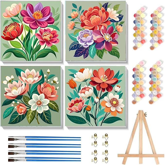Sretoul Flowers Paint by Numbers Kit for Adults Framed Easel 4 Pack 8X8 in