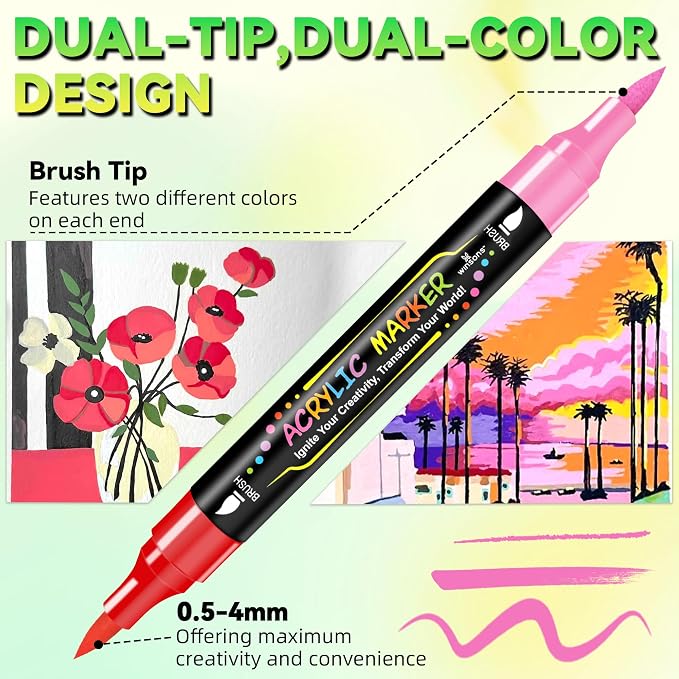 WINSONS 48 Colors Dual Tip Acrylic Paint Pens Markers, 24 Set Permanent Acrylic Paint Pens, Waterproof, Quick-Dry, Ideal for Rock Painting, Canvas, Glass, Wood, Ceramic, DIY Crafts & Art Supplies