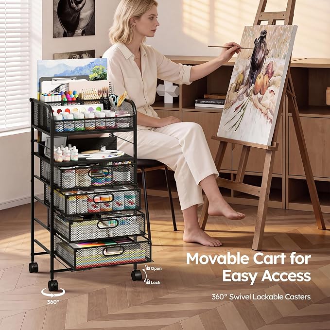 Homsorout Rolling Art Cart with 4 Drawers, Black