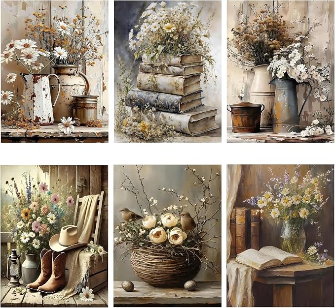 AOSGEDY 6 Pack Paint by Numbers Kit for Adults Beginner, Vintage Flower Adult Paint by Number Kits on Canvas, Flowers DIY Acrylic Oil Painting by Numbers Kits, Perfect for Home Decor 10 X 14 Inch