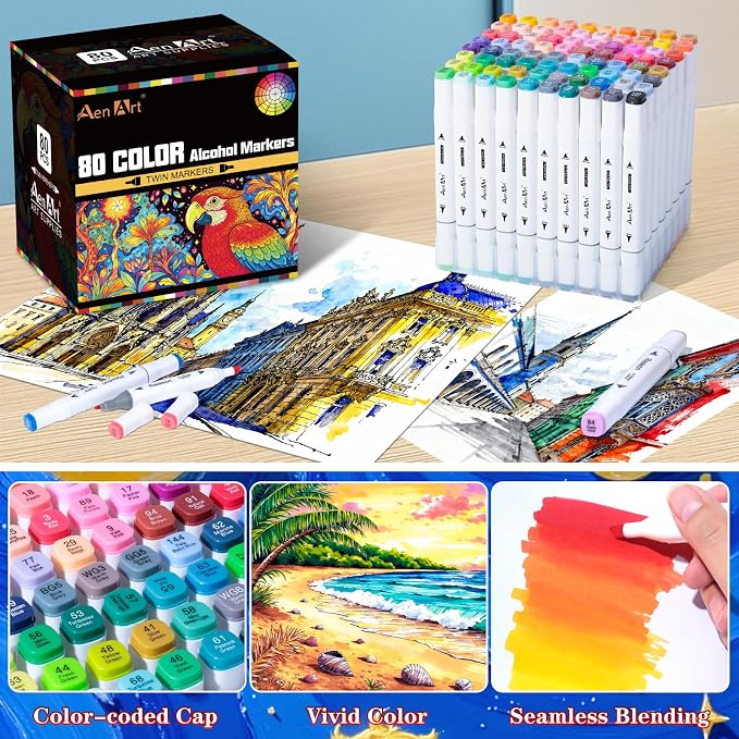 AenArt Alcohol Markers, 80 Color Dual Tip Art Drawing Markers, Artist Pens with Organizing Case for Adult Drawing Coloring Sketching（White Barrel）