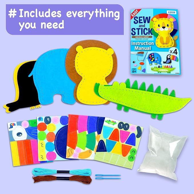 EZCRA Safari Animal Sewing Kit for Kids Ages 4-8 - 4 Felt Projects