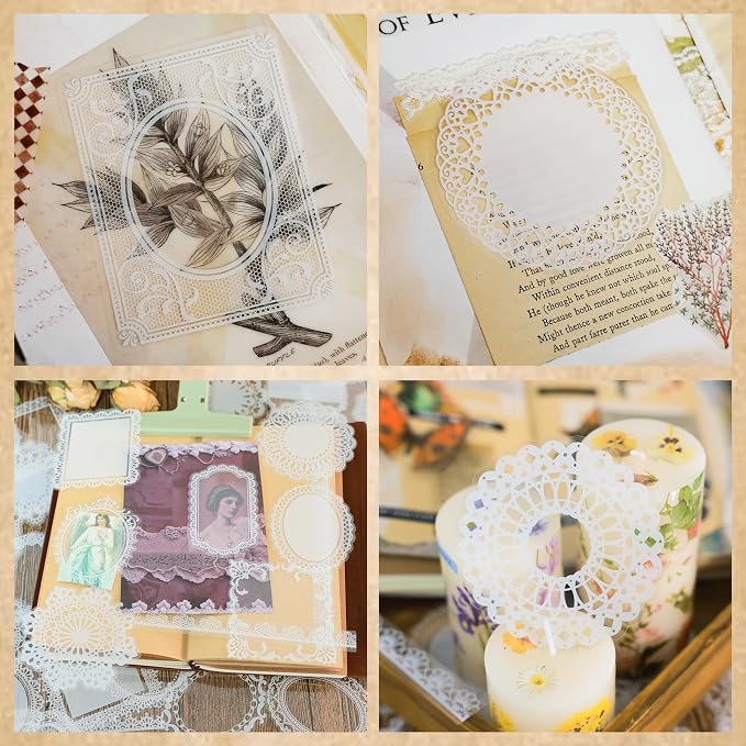 PRSTINCOL 120 PCs Lace Scrapbook Stickers,Waterproof Cutout Transparent Sticker PET Transparent Lace Stickers for Scrapbooking DIY Decoration Making Notebook Frame Album Handmade