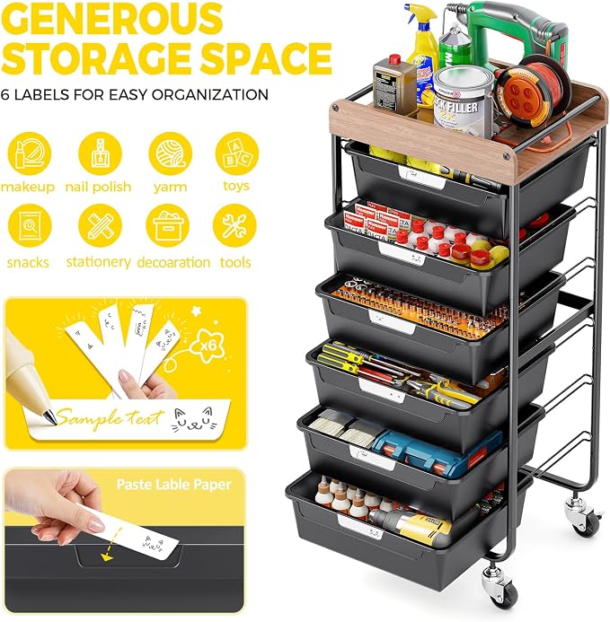 SYKIARIOL Utility Cart with 6 Labeling Drawers and Wooden Tabletop | Rolling Storage Cart for Crafters, Artists, Kids, Teachers, and Students – Organize Arts, Crafts, Sewing & Study Supplies