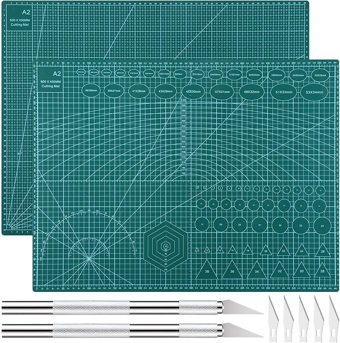Nuanchu 2 Pcs 18" x 24" Self Healing Double Sided Cutting Mat with 2 Metal Engraving Pens, Non-slip PVC A2 Sewing Mat for Crafts, Table Cutting Board for Fabric Leather Quilting Modeling Hobby Project