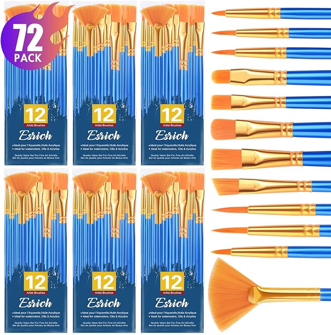 ESRICH Paint Brushes Set, 6Pack 72pcs Paint Brush for Acrylic Painting | Artist Paintbrushes for Watercolor Oil Rock Face Painting, Paint Brush for Kids Adult Arts Painting Brush Kits.