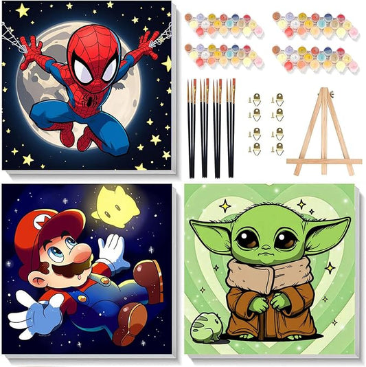 3 Pack Cartoon Paint by Numbers Kit for Kids with Frame Wooden Easel | Cute Kids Paint by Numbers Ages 4 8 12, DIY Acrylic Oil Painting for Home Wall Decor (8x8 inch)