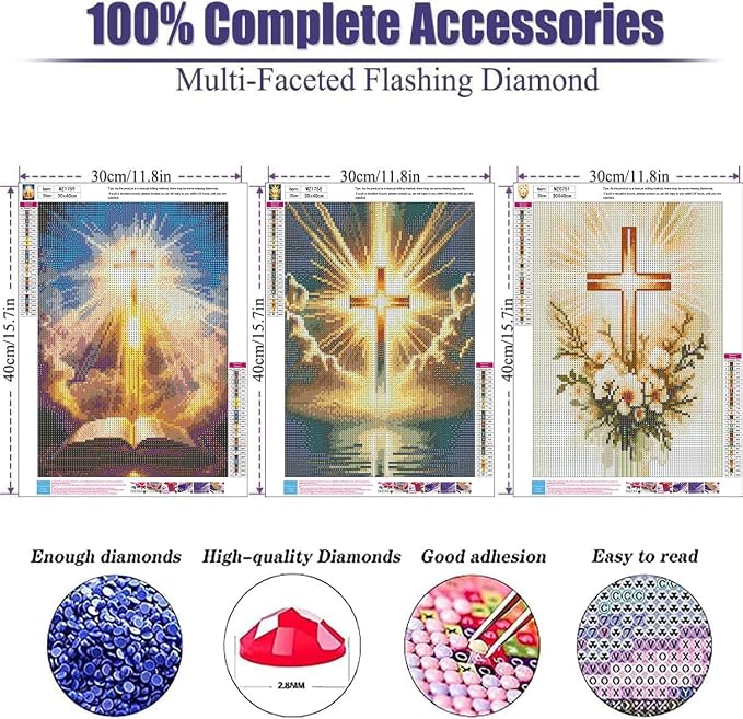 3 Pack Diamond Art Kits for Adults, Cross Diamond Painting Kits 12X16 Inch