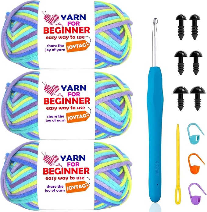 3 Pack Rainbow Beginner Crochet Yarn for Crocheting Knitting Multicolor Cotton Crochet Yarn for Beginners with Easy-to-See Stitches Cotton-Nylon Blend Easy Yarn for Beginners(Neon Green Blue)