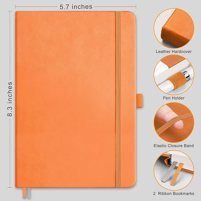 RETTACY Graph Grid Paper Notebook, 192 Pages, A5 Size (5.7'' x 8.3'') | 5 Squares per Inch, Leather Hardcover, 100 GSM Thick Paper, for School, Students, Math, Engineering (Orange)