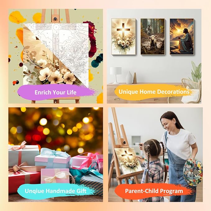 Mandun Religious Paint by Numbers Kit for Adults, 3 Pack, 7.8x11.8 inch | DIY Painting Kits Crafts for Adults, Relieve Stress, Frame Canvas, Wooden Easel, Gift Box, Home Wall Decor