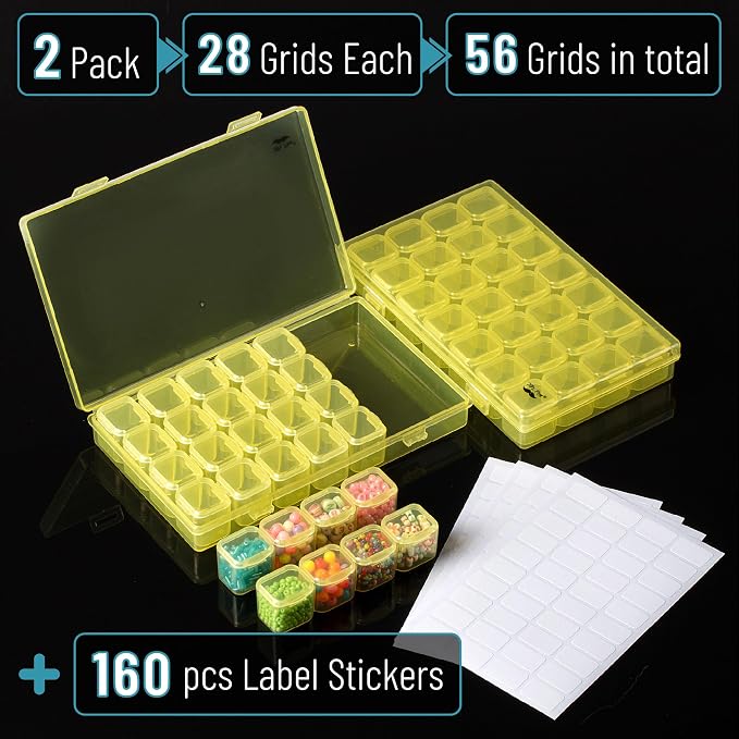 Mr. Pen- Bead Storage Containers, 28 Grids, 2 Pack, Transparent Yellow | 160 pcs Label Stickers, Transparent, Small Bead Organizer Box, Diamond Art, Diamond Painting Organizer