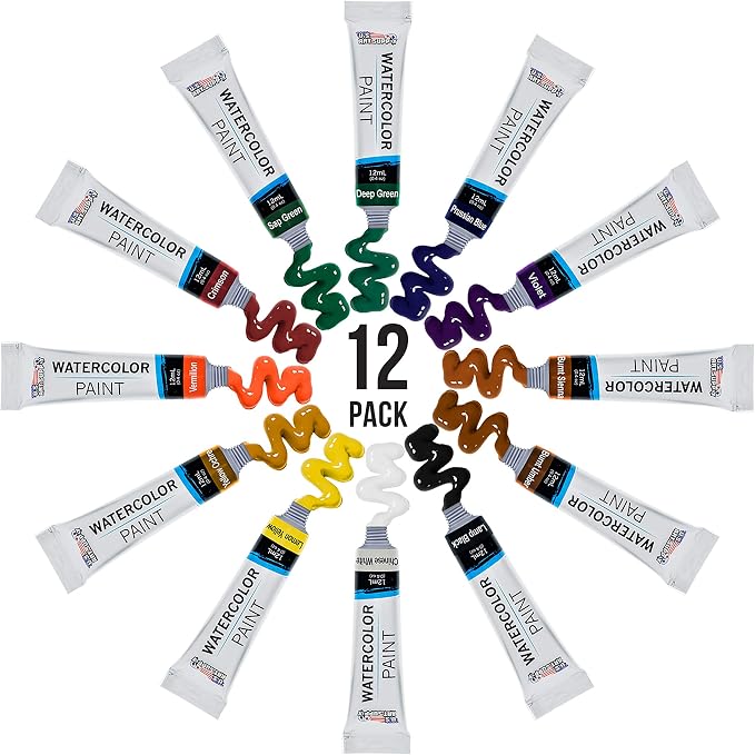 U.S. Art Supply Professional Watercolor Paint Set, 12 Colors in 12ml Tubes