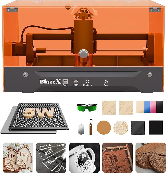 BlazeX M3 5W Laser Engraver Machine for Beginner, 0.01mm Ultra-Precision Laser Cutter and Engraver Machine for Wood Metal Glass Leather, with Enclosure Honeycomb Engraving Materials, Class 1