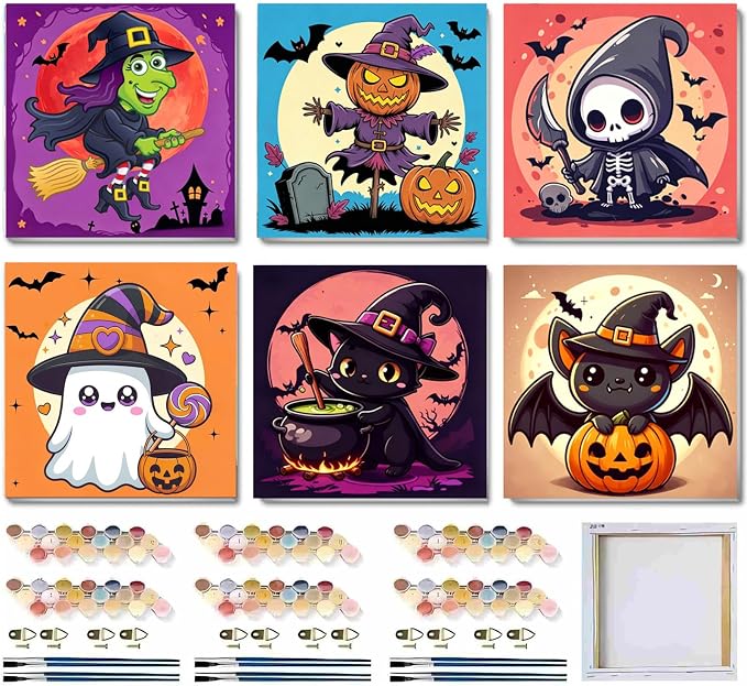 MXCFZX 6 Pack Ghost Paint by Numbers for Kids/Adult, Halloween Painting, Children's Adult Paint by Number, Ages 4-12, DIY Acrylic Oil Painting Set, Suitable for Home Wall Decoration 8 x 8 inch