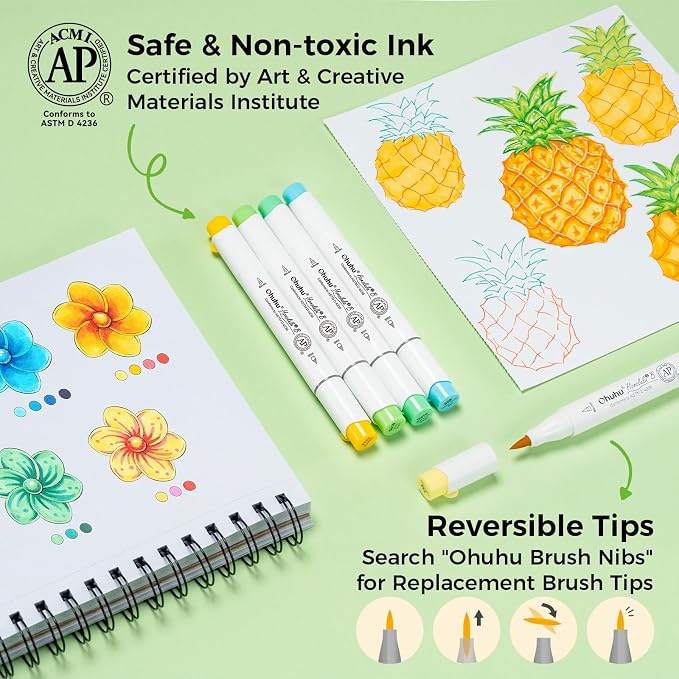 Ohuhu Alcohol Markers Brush& Fine 48 Colors for Adults Coloring Refillable | AP Certified Art Marker Set, Dual Tips Alcohol-based for Artists Beginners Drawing Illustration Sketching, Honolulu 2B