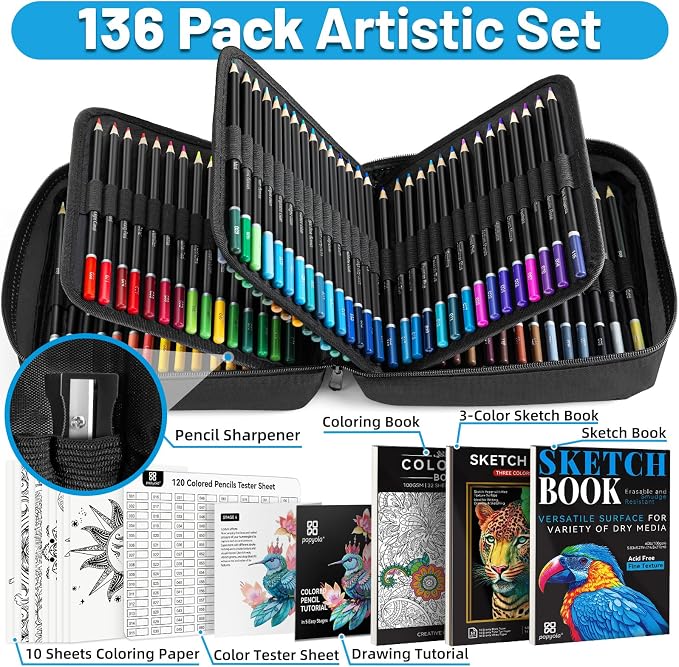 136 PCS Colored Pencils Set for Adult Coloring Books, 120 Colored Pencils | with Sketchbook, Coloring Book, Sharpener, Tutorial, Color Chart, Soft Core Oil-Based, Ideal for Drawing Blending Shading