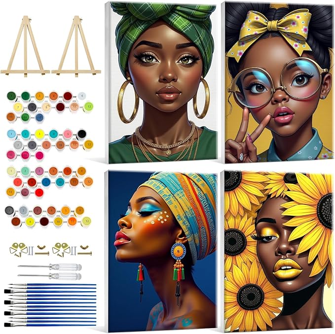 HeeBenor 4 Pack Black Women Paint by Numbers Kit for Adults Framed Canvas