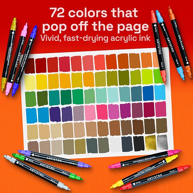 ARTISTRO Dual-Tip Acrylic Paint Marker Pens - Set of 72 | For Fabric, Rock, Glass, Wood, & Coloring Books, Arts & Crafts Gift, Classroom Must Haves & School Supplies (Dot & Fine Tips)