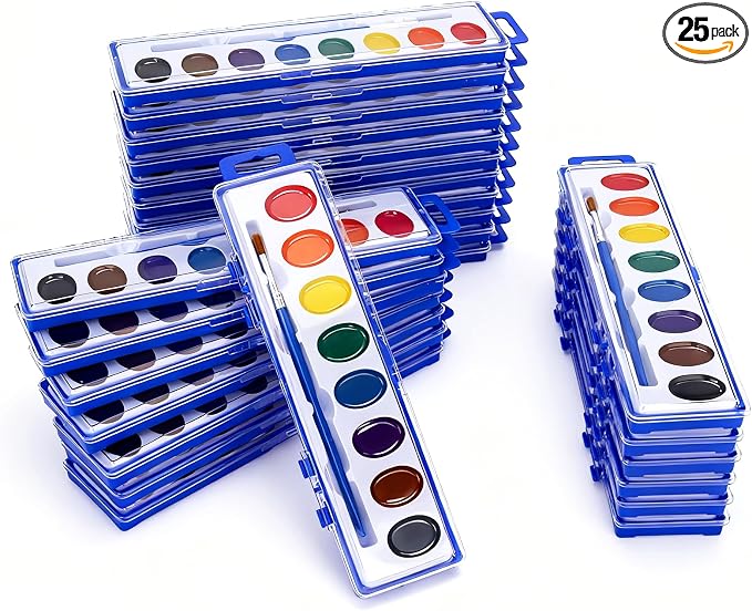 JEAWIWI 25 Pack Watercolor Paint Sets, 8 Washable Colors with Brushes