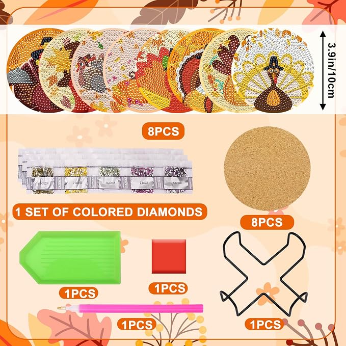 UPINS 8Pcs Fall Diamond Art Coasters with Holder | Thanksgiving Diamond Turkey Art Coasters Kits, for Adults Kids Beginners Diamond Craft Supplies