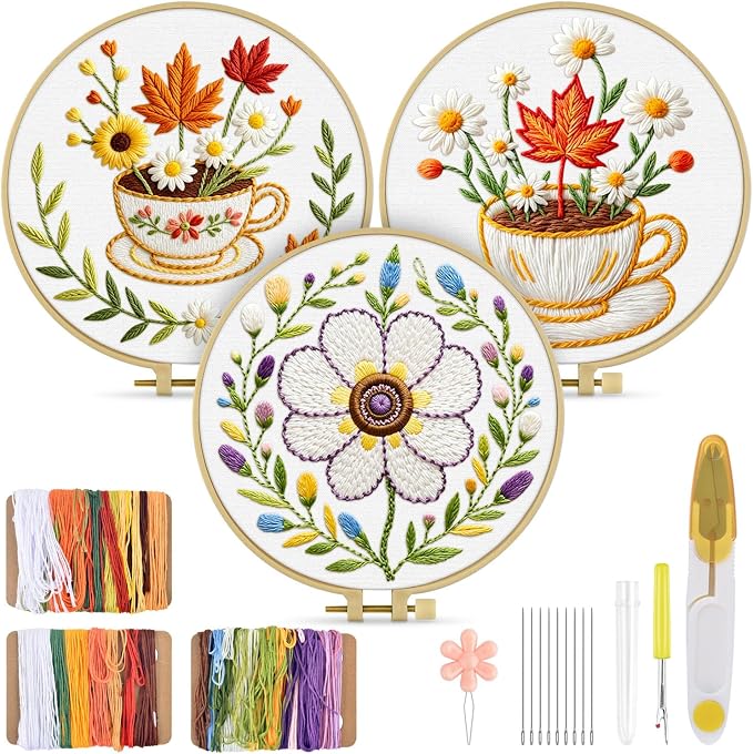 TINDTOP Embroidery Kit for Adult, 3 Pack Embroidery DIY Starter Kit, with Stamped Patterns, Hoop, Tools, Colorful Threads with Needles, Instructions (Flower Cup) | with Stamped Patterns, Hoop, Tools, Colorful Threads with Needles, Instructions (Flower ...