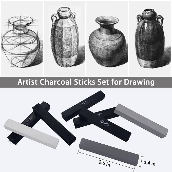 24 Pcs Compressed Charcoal Sticks with Soft, Medium, Hard and White Charcoal, Square Vine Charcoal Stick Kit for Drawing, Sketching and Shading, Art Supplies for Artists Beginners