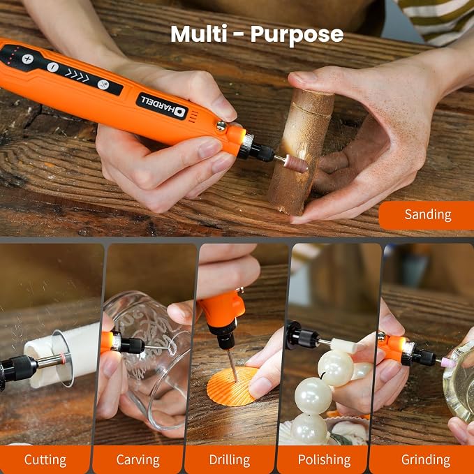 HARDELL Mini Cordless Rotary Tool, 5-Speed and USB Charging with storage case, Multi-Purpose 3.7V Power Rotary Tool for Sanding, Polishing, Drilling, Etching, Engraving, DIY Crafts | 5,000-18,000 RPM, 0.3LB Engraving Pen, LED Work Light – for Sanding, ...