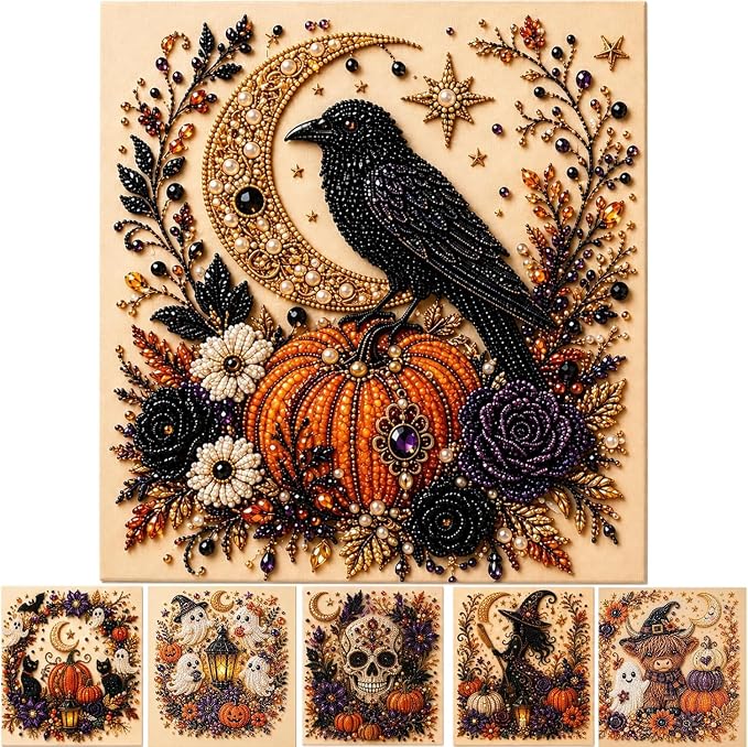 Halloween Pearl Art Kit, Cute Ghost 3D Diamond Art DIY Craft Kit with Resin Pearls, Spooky Cute 3D Diamond-Painting Crafts for Adults, Fall Home Decor Wall Art, Beginner DIY Seasonal Party Gift (#A)
