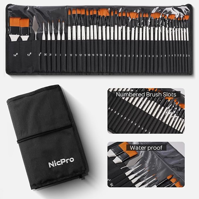 Nicpro 40 PCS Paint Brush Set, Professional Acrylic Paint Brushes | Suitable for Acrylic Painting, Oil, Watercolor, Gouache, Includes Palette Knife & Canvas Roll, Painting Supplies for Artist