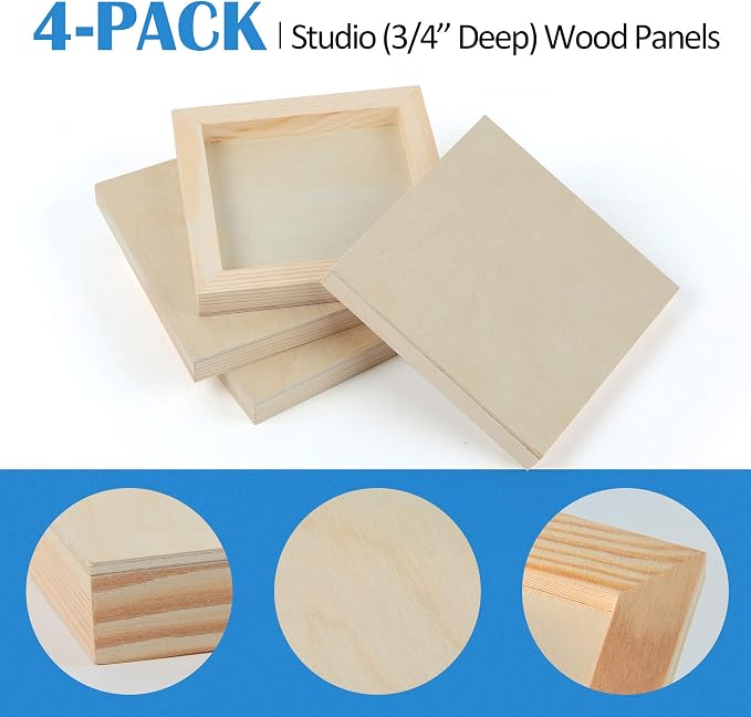 Falling in Art 4 Pack 6x6’’ Unfinished Birch Wood Panels Kit for Painting | Studio 3/4’’ Deep Wooden Canvas, Cradle Boards for Acrylic Pouring, Art, Crafts, Epoxy Resin, Laser Engraving Cutting