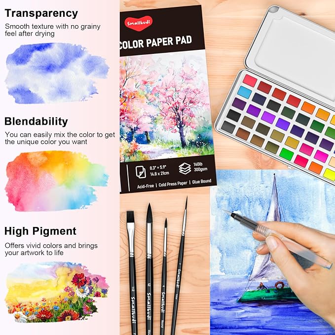 Smallbudi All in One Watercolor Paint Set 168 Colors with Portable Box | Travel Watercolor Kit for Adults with Carrying Case, Paper, Paint Brushes, Palette & Accessories for Beginner & Professional