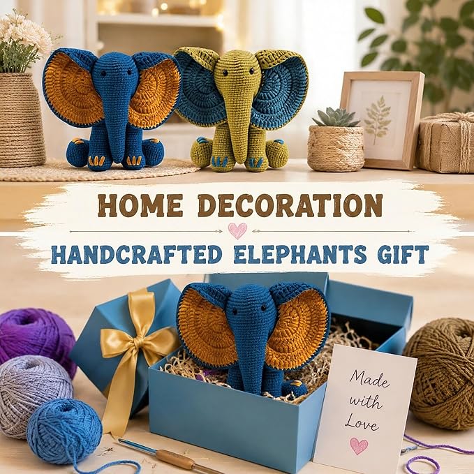 JYZJDKE Crochet Kit for Beginners Adults - DIY Amigurumi Elephant Knitting Starter Kit with Yarn Sets, Crochet Animal Kit Cute Stuffed Animal Craft Birthday Gifts (Dark Blue+Ginger Elephant)