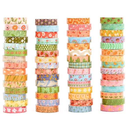 Basic Patterns Washi Tape Set 60 Rolls Geometric Elegance Decorative Skinny Masking Tapes for Arts, DIY Crafts, Journals, Planners, Scrapbook, Wrapping (Warm Floral Cottage)